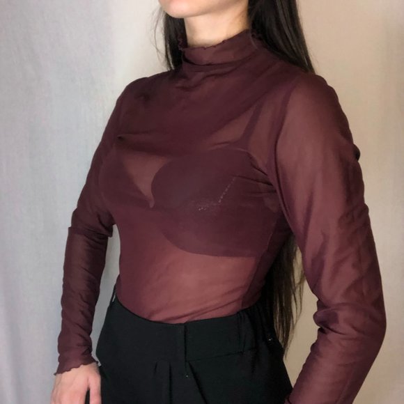Maroon Mesh Cover Up Top, Long Sleeved Low Turtleneck - Picture 3 of 10